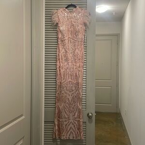 Guess. long pink formal dress open back with ostrich feathers